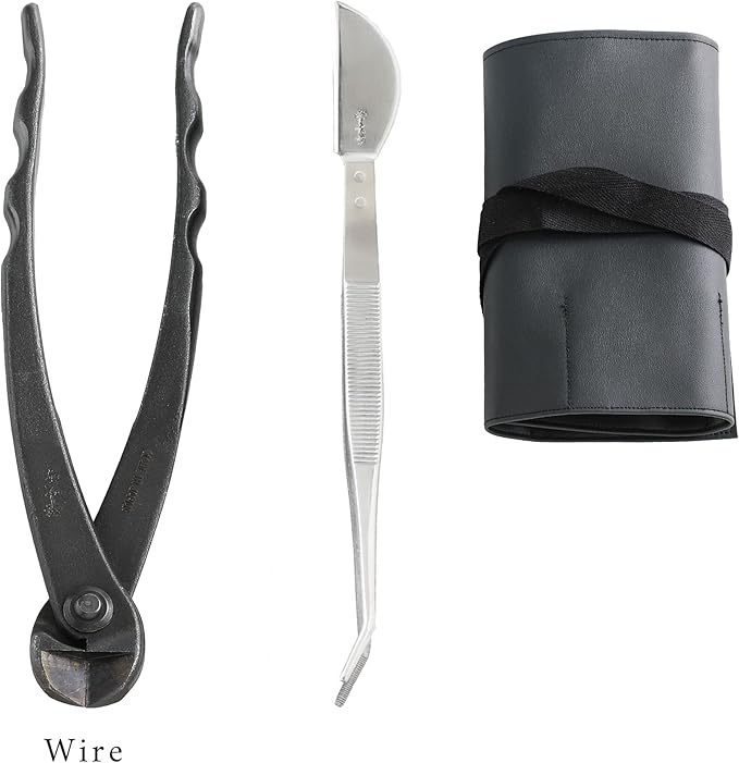 Wazakura Made in Japan 5PCS Bonsai Tool Kit with Roll Bag: Yasugi Steel Ashinaga Bonsai Scissors, Concave Branch Cutter, Knob Cutter, Wire Cutter, Tweezers - 5 Tools Ashinaga Set with Case