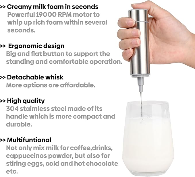 Electric Milk Frother Handheld Rechargeable with Cover-Coffee Frother Wand, Drink Mixer Handheld with 2 Detachable Stainless Whisks 2 Speed Adjustable for Latte, Cappuccino, Matcha, Egg (champagne)