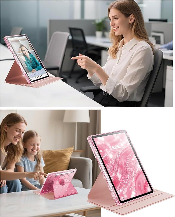 INFILAND Rotating Case for Samsung Galaxy Tab S10 FE/ S9 FE 5G 10.9 Inch/Tab S9 11 Inch 360 Cute Glitter Cover with Clear Back S Pen Holder for Girls Kids Woman (Black)