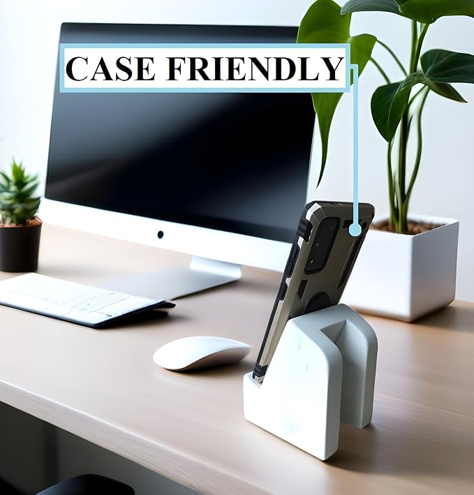 FLOWMAR Marble Phone Stand for Desk – Heavy Quartz Cell Phone Holder Luxury Black Marble Phone &amp Tablet Stand Stable Desk Phone Holder Case Friendly Charging Compatible