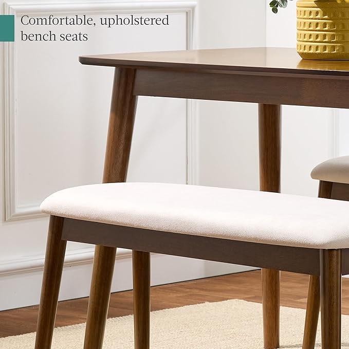 Best Choice Products 3-Piece Mid-Century Modern Wood Dining Kitchen Table & Chair Set w/ 2 Upholstered Bench Seats - Walnut/Cream