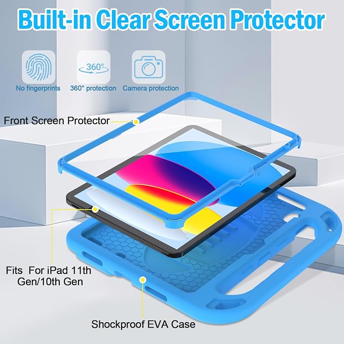 TIRIN Kids Case for iPad A16 11th Generation 2025/iPad 10th Generation 2022 with Built-in Screen Protector Shockproof Handle Stand iPad Case for Kids Black