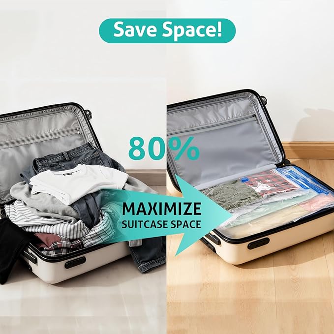 8 Pack Medium Travel Vacuum Storage Bags, Portable Vacuum Seal Bags for Clothing Travel with Pump, Space Saver Bag for Luggage Suitcases Clothes Bedding Seasonal Storage