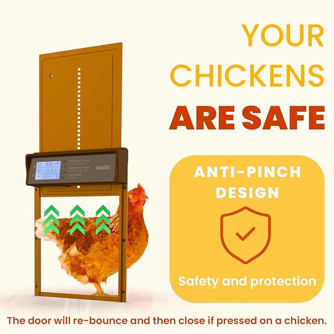 Okkobi Automatic Chicken Coop Door Solar Powered - LCD Display - Chicken Coop Door with Remote Control, Light Sensor & Timer - Security & Peace of Mind: Anti-Pinch function - 5-Year Protection - Brown