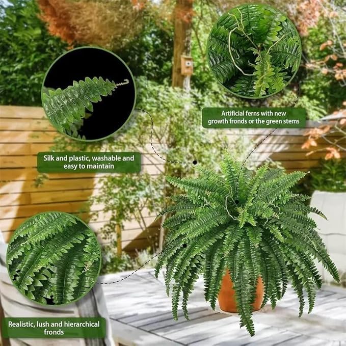 21in Ferns Artificial Bush Plants Large, 3 Artificial Boston Ferns with 54 Fronds for Home Garden Office Porch