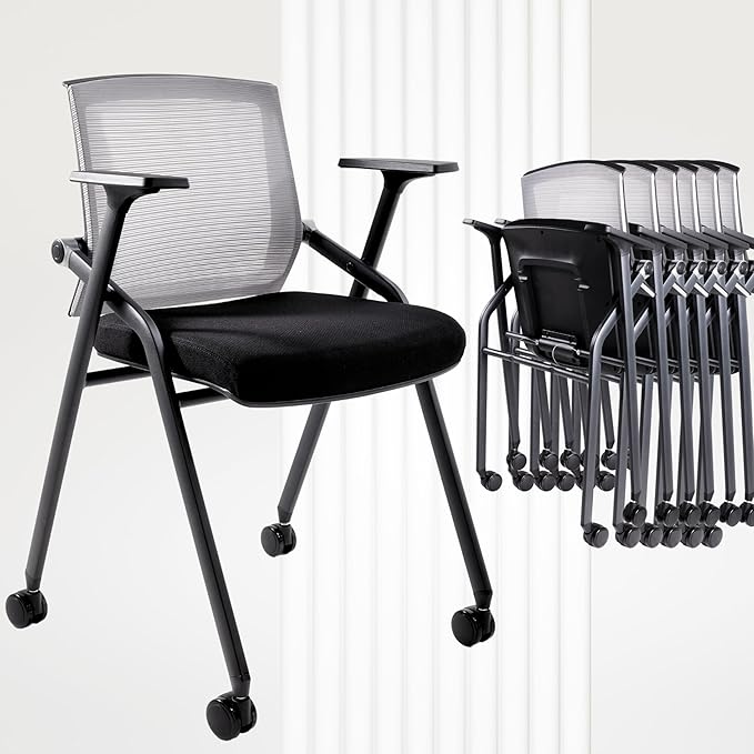 Conference Room Chairs, Folding Office Desk Chair with Lumbar Support and Sliding Armrest, Stackable Office Guest Chairs & Reception Chairs(8 Pack)