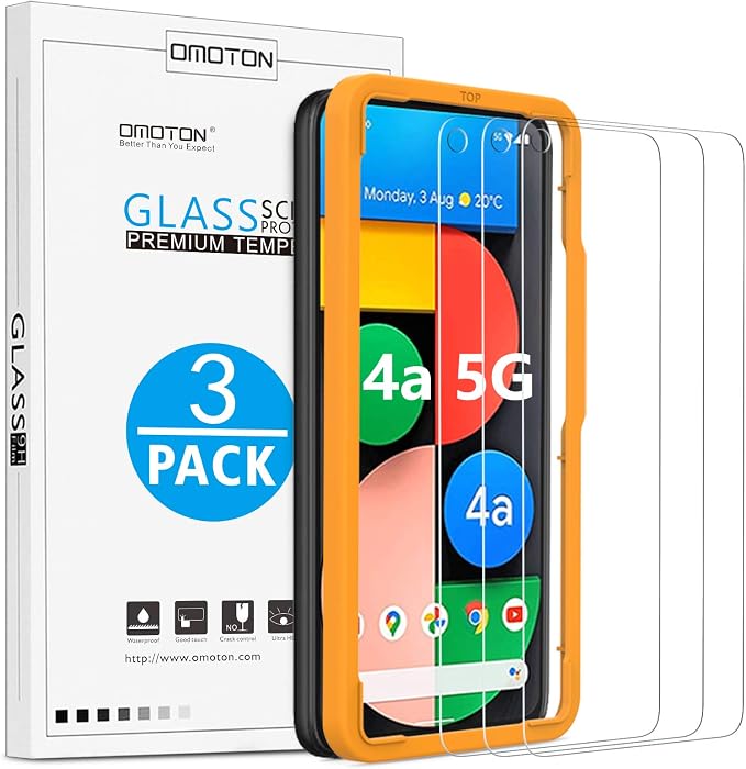 OMOTON [3-Pack] Screen Protector for Google Pixel 4a 5G 6.2 Inch [Not Fit for Pixel 4a 4G] Tempered Glass Screen Protector for Google Pixel 4a 5G 2020 Released Bubble Free/Alignment Frame