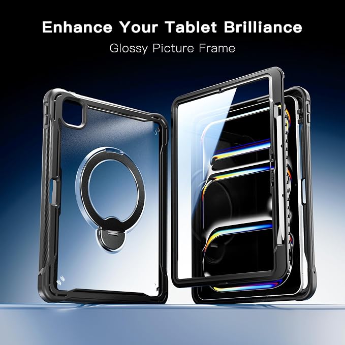 Lunivop Compatible with iPad Pro 11 Inch Case (M5/M4) 2025/2024 with 360° Rotating Aluminium Stan Stand Built-in 9H+ Hardness Screen Protector Military - Grade Tablet Cover Black