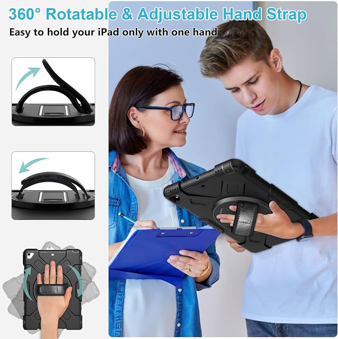 Case for iPad 9th/8th/7th Generation 10.2 Inch Black | Shockproof Protective Silicone Cover with Rotatable Stand-Screen Protector-Handle- Shoulder strap- Pencil holder