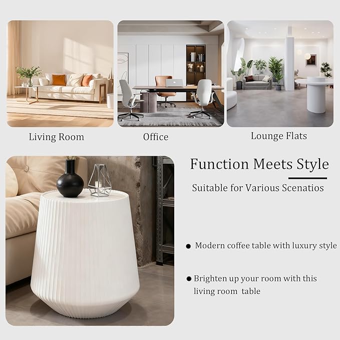 Round Coffee Table Set with Sintered Stone Tabletop, 26.77" White Drum Center Table and 19.68" White Coffee Table Set, 2 Pieces Living Room Table Set with Fluted PU Leather Cover& Stable Base