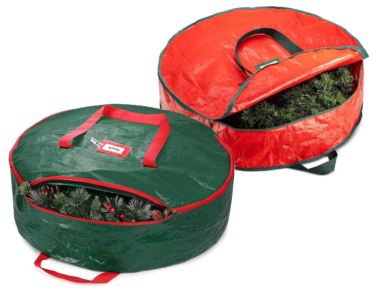 Christmas Wreath Storage Bag 24 Inch - 2 Pack Christmas Wreath Garland Storage Container with Dual Zipper & Handles, Wreath Storage Organizer Box Protect Xmas Ornaments Party Decorations
