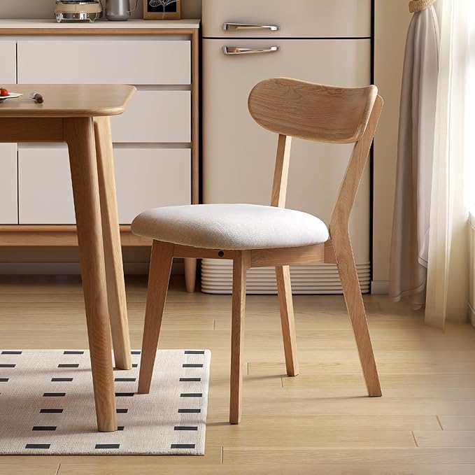 100% Solid Wood Upholstered Dining Chairs, Mid Century Modern Oak Dining Chairs with Curved Back Design with Butterfly Wing Shape for Kitchen, Dining Room, Restaurant (1PK, Log Color-Beige Cushion)