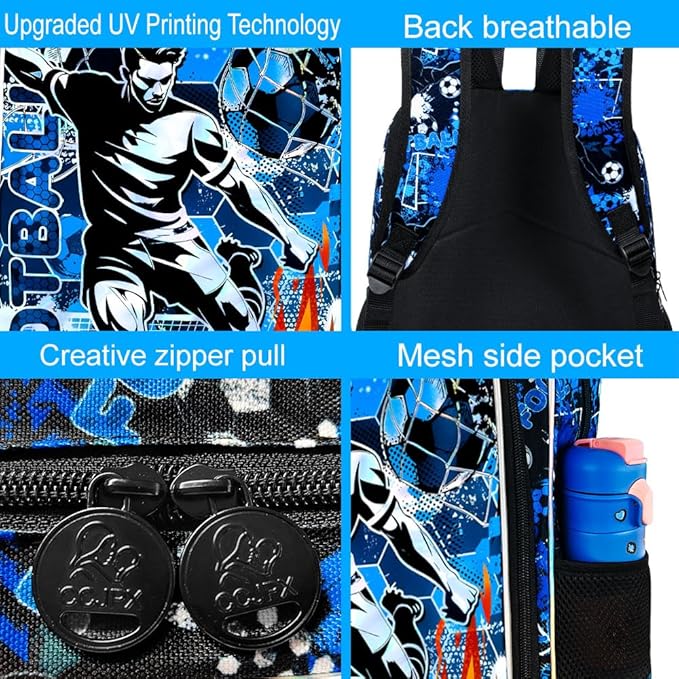 KLFVB 3PCS School Backpack, 17" Kids Football Bookbag and Lunch Box, Water Resistant Teenagers Backpacks for Middle Elementary - Soccer