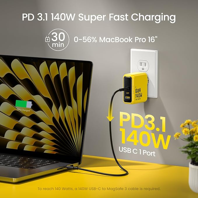 AOHI Youth 140W GaN+ USB C Charger 100W Laptop Fast Charger PD3.1 PPS 3-Port USB C Wall Charger Power Adapter for MacBook Pro 16'' Dell XPS iPhone 17 Pro Max iPad Pro Tablet Chromebook Yellow