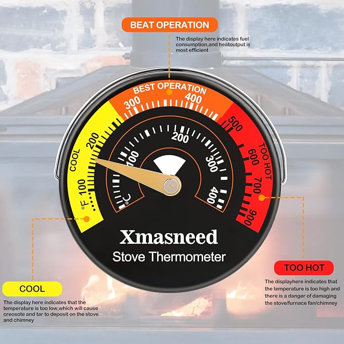 Wood Stove Thermometer Magnetic, Stove Top Thermometer for Wood Burning Stoves, Gas Stoves, Pellet Stove