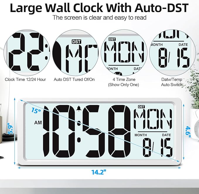 XREXS Large Digital Wall Clock Battery Operated with Backlight, 15" LED Large Display Timer with Temperature Date Week Auto DST Adjustable Brightness, Alarm Clock for Classroom, Livingroom, Office