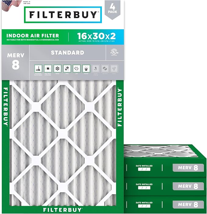 Filterbuy 16x30x2 Air Filter MERV 8 Essential Dust & Allergy Defense,