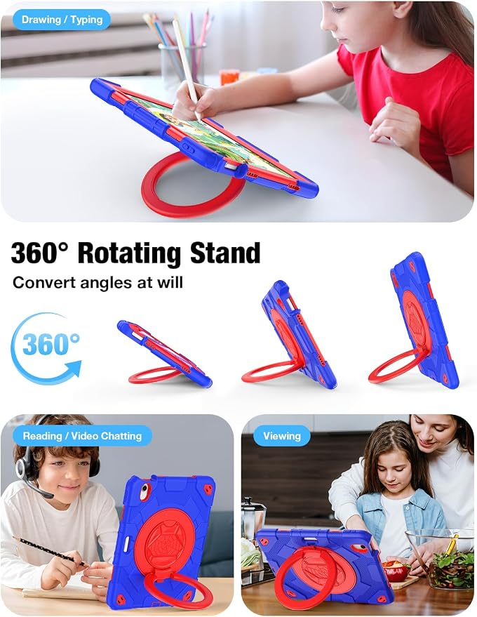 SCSVPN Kids Case for iPad Air 11 Inch M4 2026 / M3 2025 / M2 2024 Heavy Duty Shockproof Silicone Protective Case with Pencil Holder-Screen Protector-Rotating Stand-Handle-Shoulder Strap (Blue+Red)
