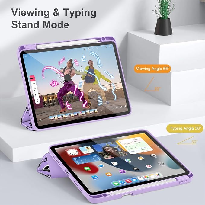 Case for iPad 12.9 Inch (6th/5th/4th/3rd Generation 2022/2021/2020/2018) Pencel Holder + Trifold Support Auto Sleep/Wake Transparent Shockproof Back Cover Abstract Floral SD163