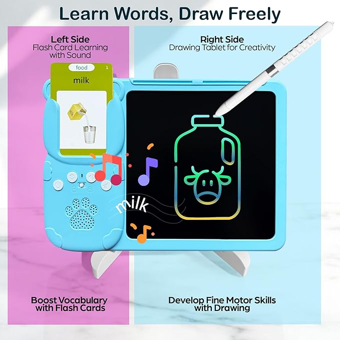 Spanish&English Talking Flash Cards for Toddlers - LCD Writing Tablet Kids - Drawing Tablet Toddler Toys 510 Sight Words Learning Montessori - Autism & Speech Therapy Toys - Kindergarten Gifts (Blue)