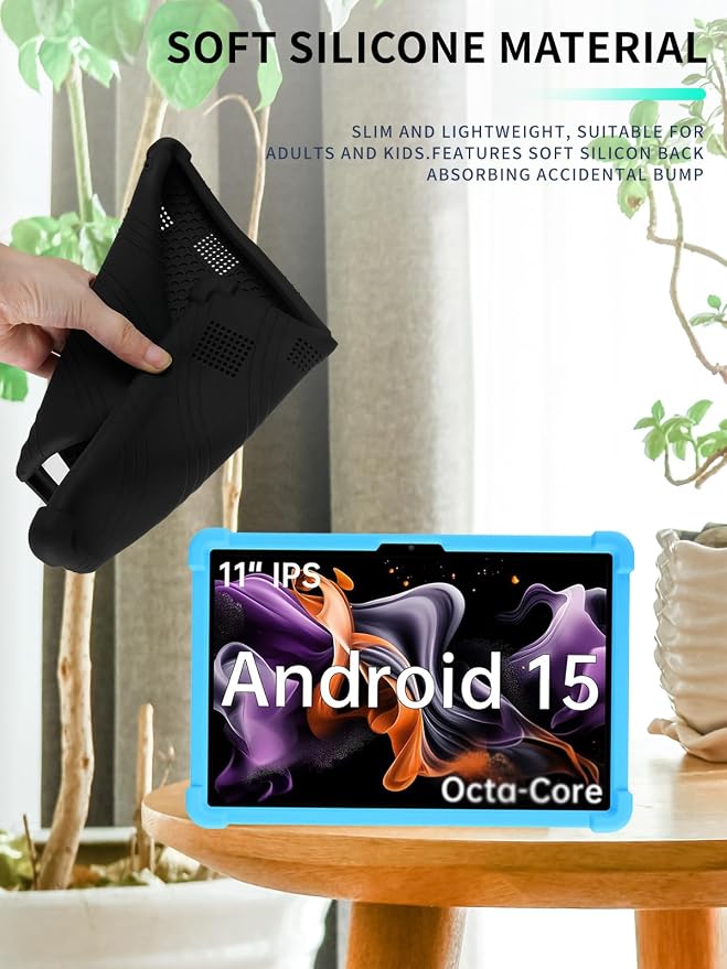 Case for ApoloMedia EP1095T 11 Tablet 2025 Android 15，WUNIAK Shock Proof Lightweight Stand Rubber Shell Protective CoverKids Friendly Soft Silicone Adjustable Stand CoverBlack