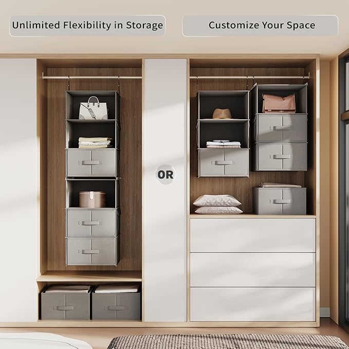 Vailando 6-Tier Hanging Shelves for Closet, Two 3-Shelf Hanging Closet Organizer w/ 4 Side Pockets and 3 Drawers, Combinable for Dorm Wardrobe Organizer and RV Storage and Organization