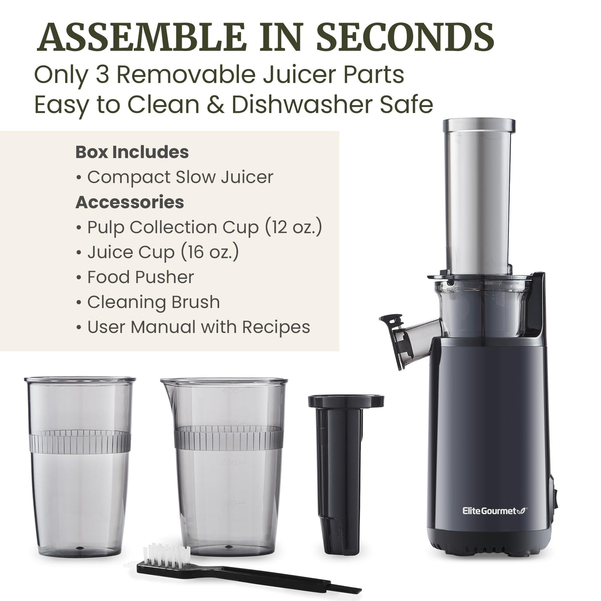 Elite Gourmet EJX600 BPA-Free Cold Press Juicer, 16 oz, Charcoal Grey
