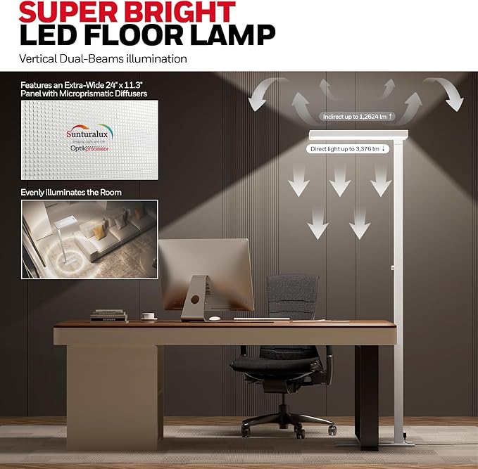 Honeywell 16000LM LED Floor Lamp, 02E Max Sunturalux Eye-Caring Reading Standing Light, 155W Modern Natural Daylight 4000K Dimmable 77" Tall Floor Lamps for Living Room Kids Study Home Office