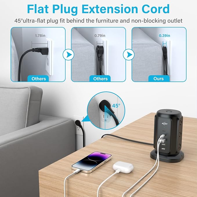 AiJoy Power Strip Tower with 9 AC Outlets and 5 USB Ports (2 USB-C), Flat Plug 1625W 6.5ft Extension Cord, 1200J Surge Protector Charging Station for Home, Office & Dorm