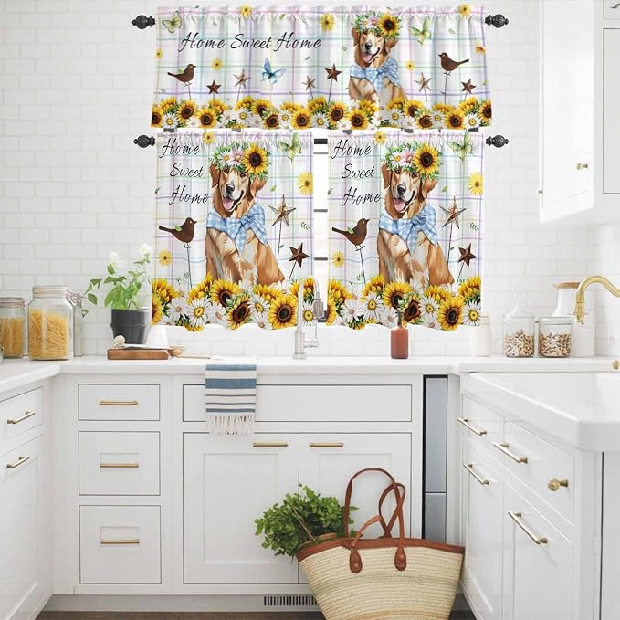 Kitchen Curtains Tiers and Valance Set of 3, Sunflowers Dog Light Filtering