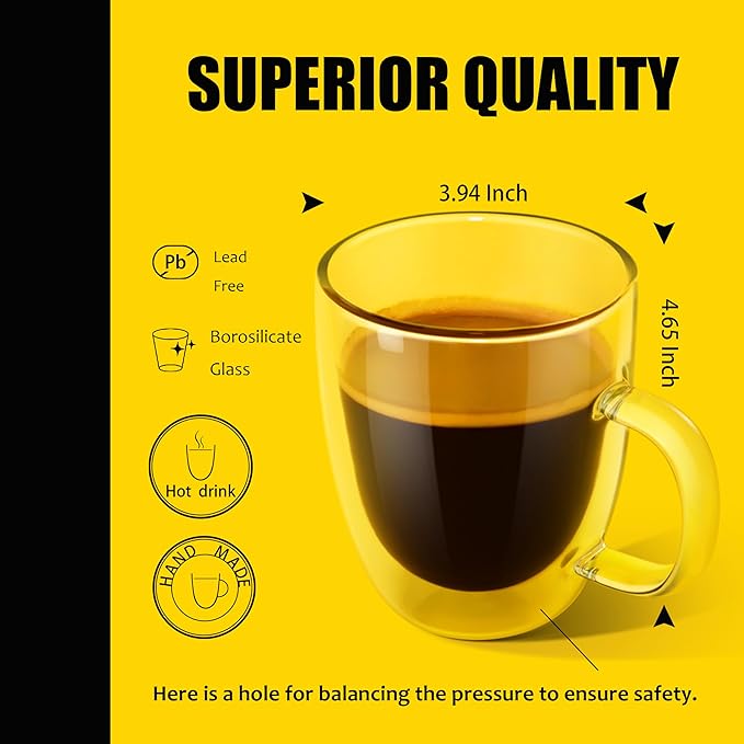 PunPun 17oz.500ml Large Coffee Mug,Double Walled Clear Mugs,Coffee Glass Cup, Heat Resistant Borosilicate Clear Glasses,Premium Glasses, Set of 2