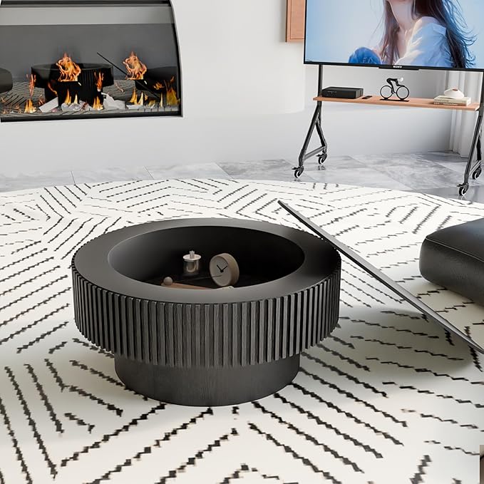 31.5'' Small Round Coffee Table with Storage, Fluted Coffee Table with Solid Wood Veneered, Mid Century Modern Wooden Center Table, Accent Tea Table for Small Space Living Room Apartment,Black