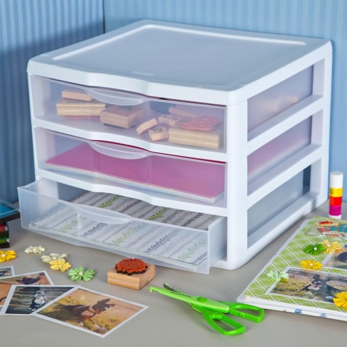 Sterilite 9-Pack Wide 3 Drawer Unit, Plastic Desktop Organizer with Clear Drawers, White Frame - Stackable Multi-Purpose Storage for Office Supplies, Craft Rooms, Classrooms and Home Organization
