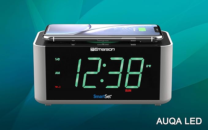 Emerson ER100202 Smartset Dual Alarm Clock Radio with USB Port and QI Wireless Phone Charger with Bluetooth All Qi Compatible Phones