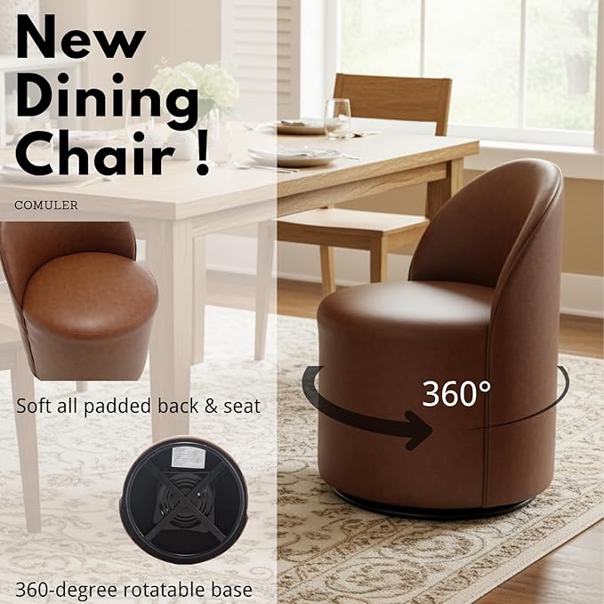 Modern Barrel Dining Chairs Set of 4, Swivel Base Cognac PU Leather Accent Chair 360°Rotating Mid-Century Dining Side Chair Kitchen Chair for Living Room, Bedroom, Home, Office, Kitchen(Brown)
