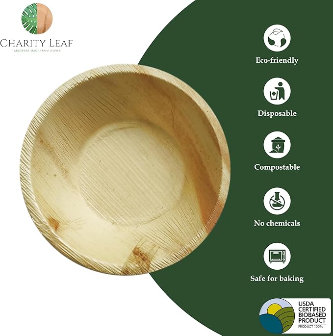 Charity Leaf Disposable Palm Leaf 6" Round Bowl (50 pcs) Dipping Bowls | Bamboo Like| All Natural and Biodegradable | Charcuterie Boards, BBQs, and Parties