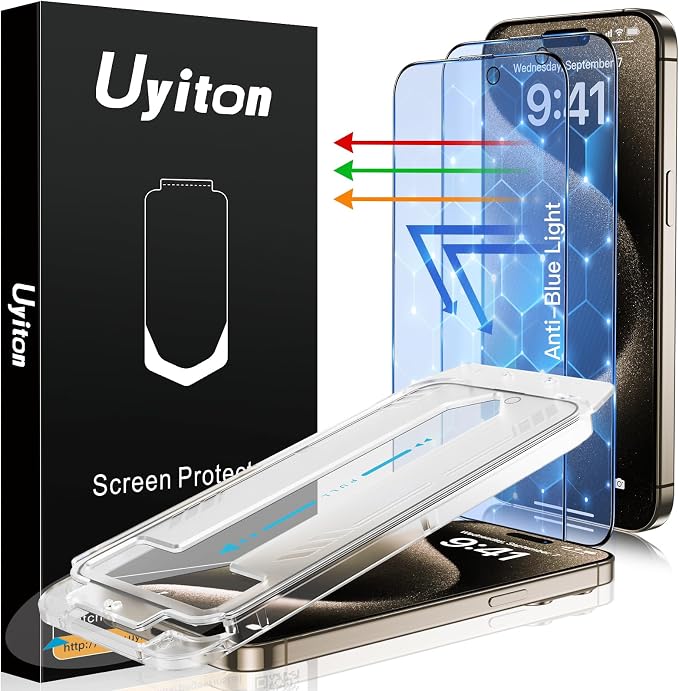 Uyiton Anti-Blue Light for iPhone 15 Plus Screen Protector | Unbreak-Glass Easy to Install Full Coverage Case Friendly Scratch Resistance 9H Tempered Glass Screen Protector 2 Pack