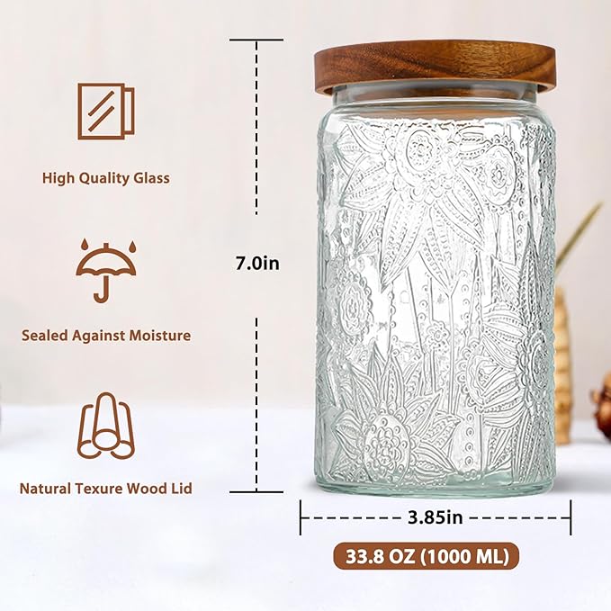 34 OZ Glass Storage Jar with Airtight Bamboo Wooden Lids, Vintage Food Containers Canisters Sets for Kitchen Counter Pantry, Sugar, Flour, Candy, Tea, Coffee Beans, Oats, Grain Bin, Pasta, Cereal