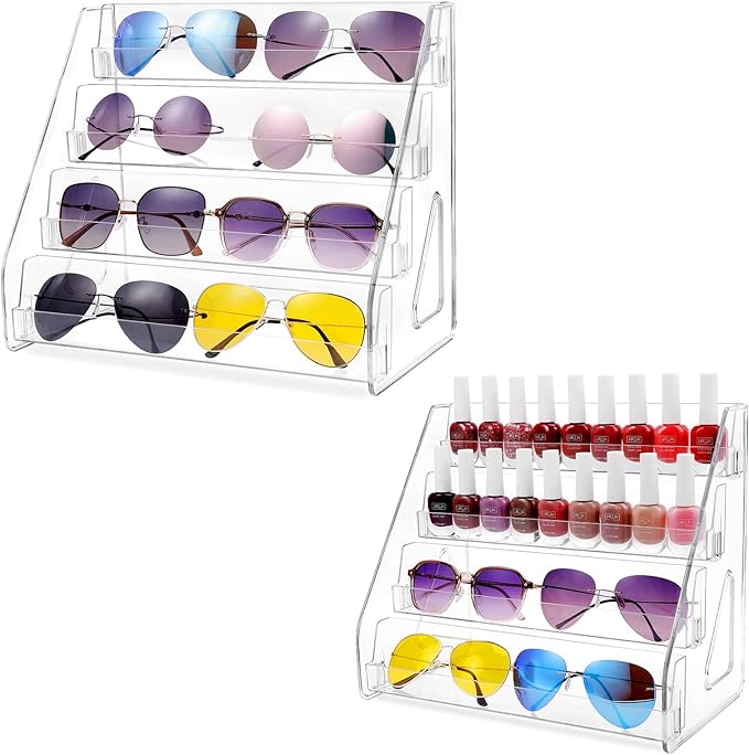 2 Pack 4 Tier Sunglass Organizer Eyeglass Display Stand Case, Nail Polish Organizer Holder Rack, Glasses Tabletop Makeup Stand Snap in Assembly for Home, Salon, Retail
