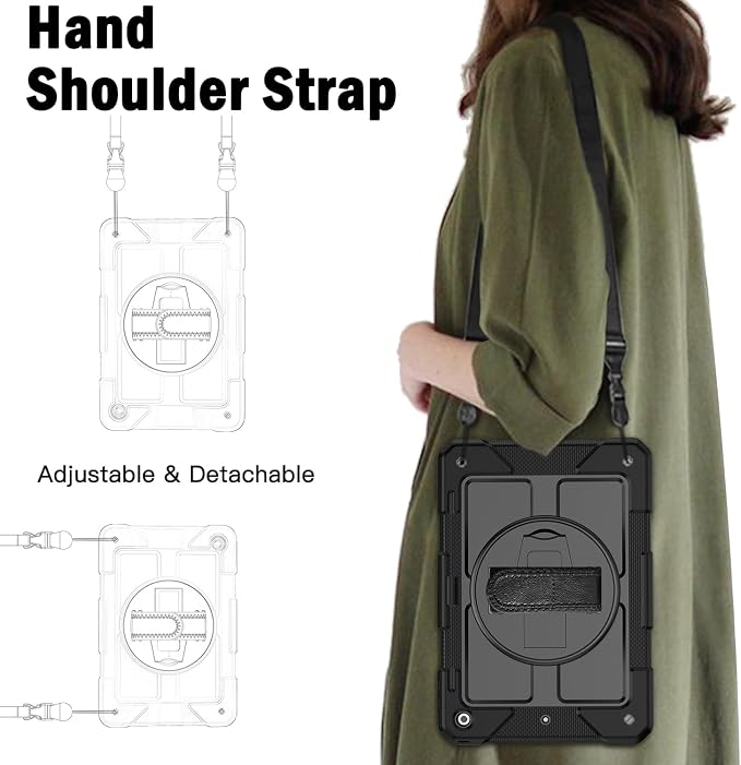 BMOUO for iPad 9th/8th/7th Generation Case 10.2 Black | Shockproof Rotating Stand Shoulder Hand Strap iPad 9th/8th/7th Generation Case with Pen Holder for iPad 10.2“ 2021/2020/2019