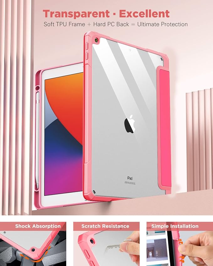 TiMOVO Case for iPad 9th/8th/7th Generation 10.2 inch Black | Pencil Holder Slim Trifold Stand Protective Cover Clear Transparent Back Shell Auto Wake/Sleep