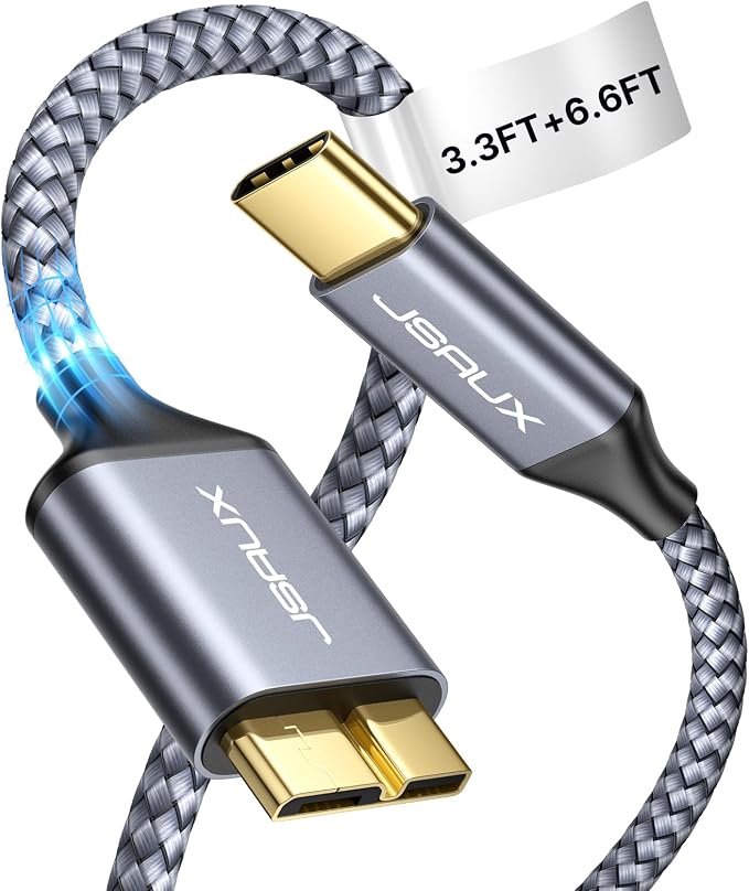 JSAUX 10Gbps Micro B to USB C Hard Drive Cable [1.5FT+1.5FT] | Nylon Braided Long External Hard Drive Cable Compatible for Seagate WD etc MacBook Pro/Air Galaxy S24 iPad