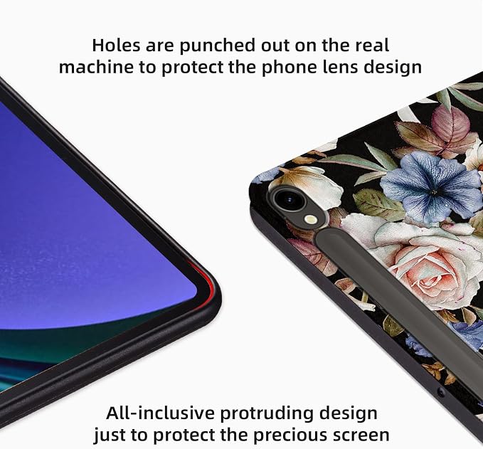 Case for Galaxy Tab S9 11-inch Shockproof Protective Cover Folding Stand Case for Samsung Galaxy Tab S9 FE Tablet [SM-X710/SM-X716B/SM-X718U/X510/SM-X516 2023 Release] -Black Flowers