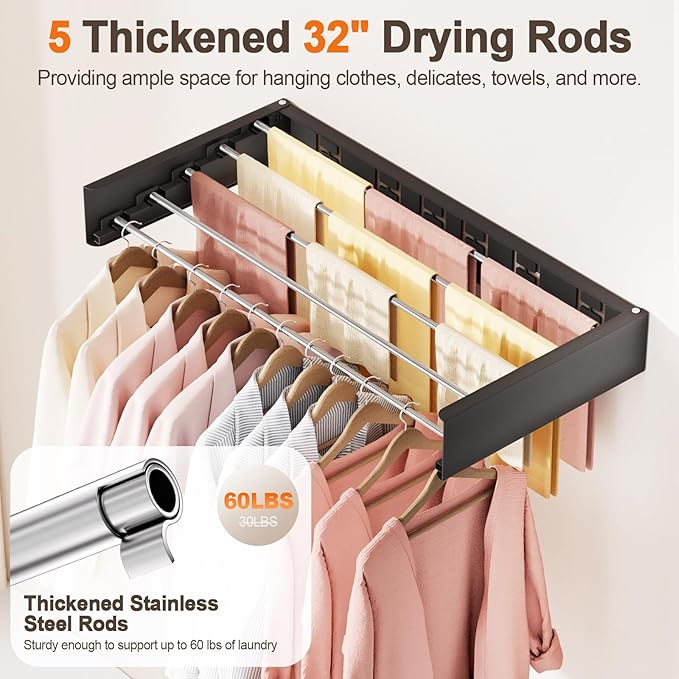 Wall Mounted Clothes Drying Rack Folding Indoor, Foldable Laundry Drying Rack Collapsible,Invisible, Space Saving, Retractable Towel Drying Rack, with Wall Template(6 Drying Rods, Black 40")