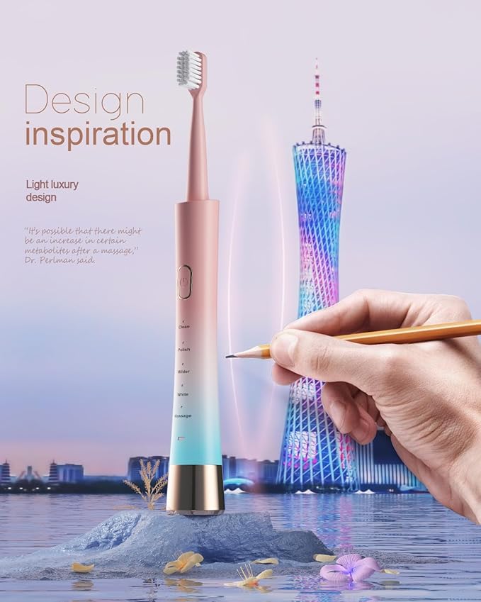 AJELU Pink & Blue Gradient Rechargeable Sonic Electric Toothbrush for Adults, 5 Modes with Smart Timer, 8 Replacement Brush Heads Soft Bristles, High Vibration, Perfect for Home, Travel, Gift