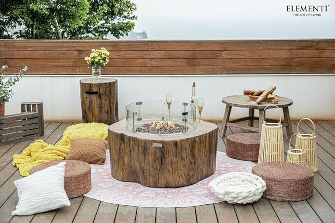 Elementi | Bundle Manchester Gas Fire Pit Cast Concrete Semi-Round Fire Table, Outdoor Fire Pit Electronic Ignition | Canvas Cover, Lava Rock Included | Red Wood (Propane Gas)