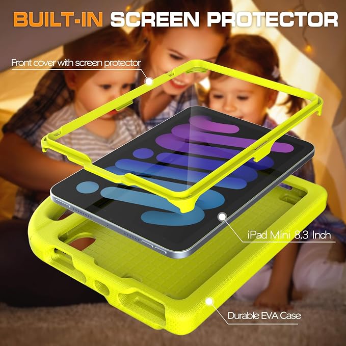 Kids Case for iPad mini 7 (A17 Pro) 2024/ Mini 6 2021 iPad mini 7th/6th Generation Case with Screen Protector - Shockproof with Handle Stand Protective Cover for iPad 8.3 Inch Lavender