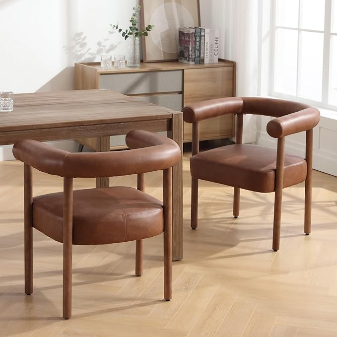 Mid-Century Modern Dining Chairs Set of 4, Armrest Barrel Dining Chairs Side Accent Chairs with Curved Back, Upholstered Wood Armchairs for Kitchen, PU Leather Brown