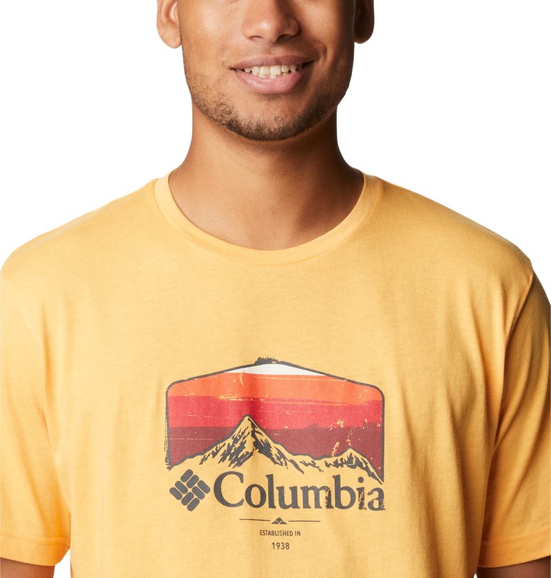 Columbia Men's Thistletown Hills Graphic Short Sleeve, Mango Heather/Hikers Graphic, 3X Big