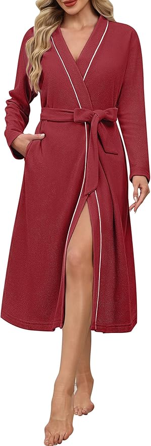 Ekouaer Robes for Women Long Sleeves Bathrobe V Neck Cozy Housecoat Lightweight Fleece Robe with Pockets S-XXL